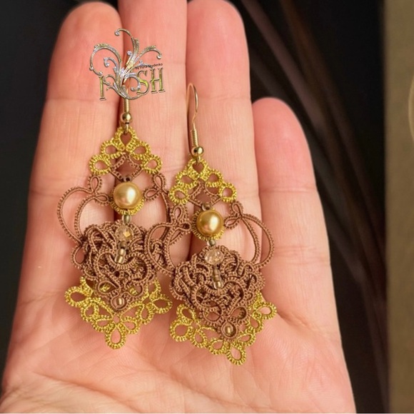 Unique Gold & Brown Tatting Earrings β Only One Pair! - Picture 2 of 5